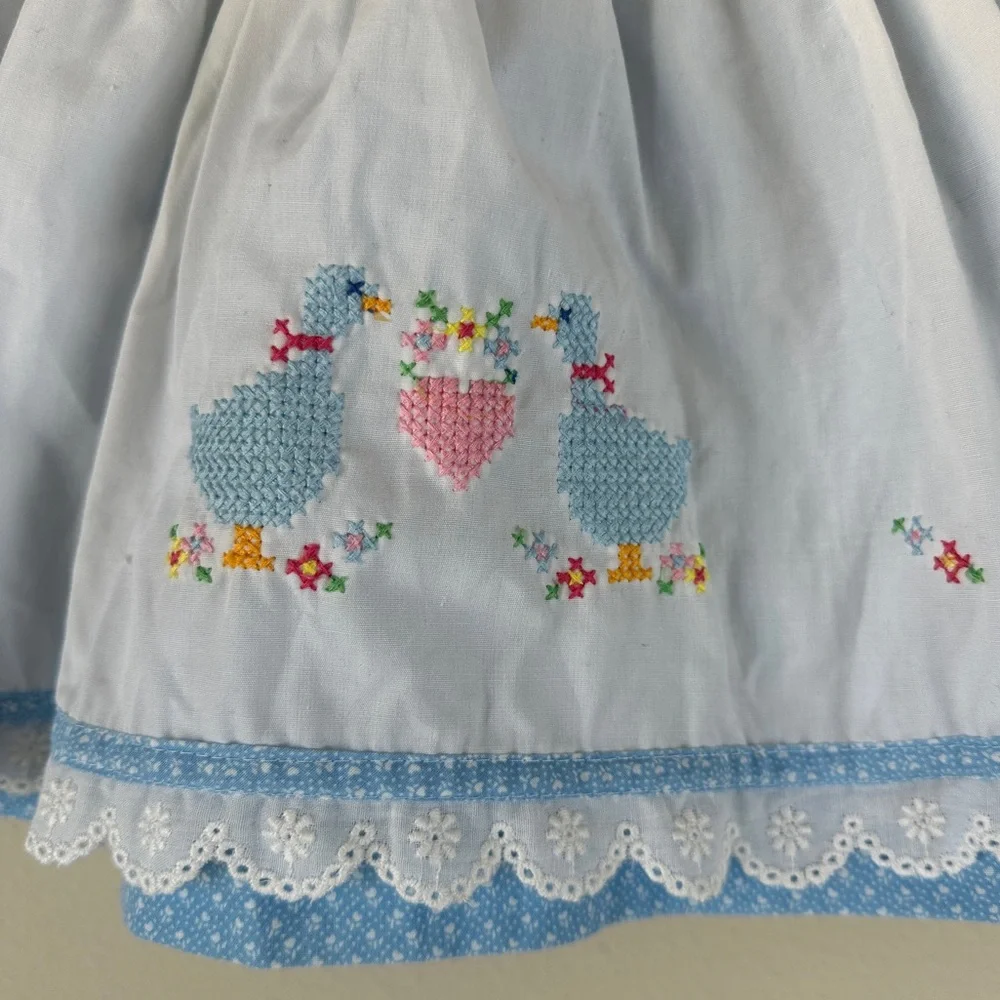 VTG Baby Pinafore Apron Dress with Embroidered Geese Lace Hearts Goose Peter Pan